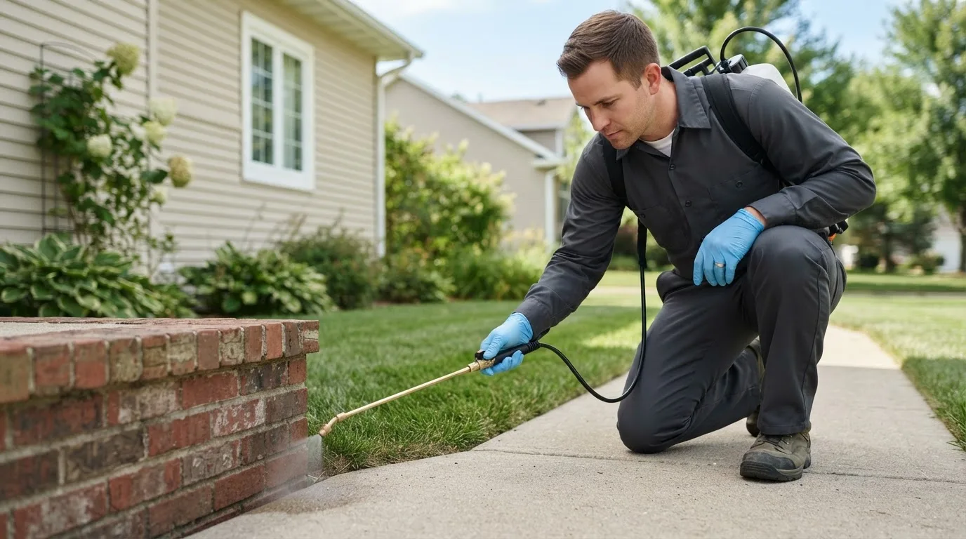 Pest control technician treating a home near North Dartmouth, MA